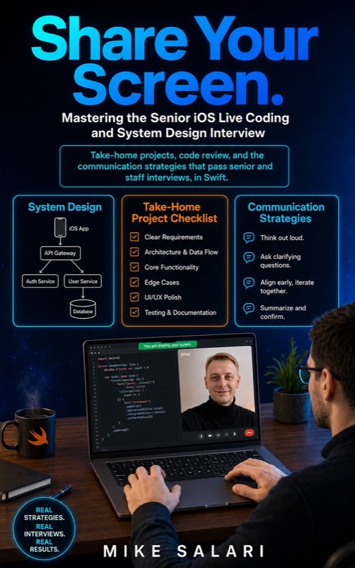 Share Your Screen, senior iOS live coding and system design interview book cover