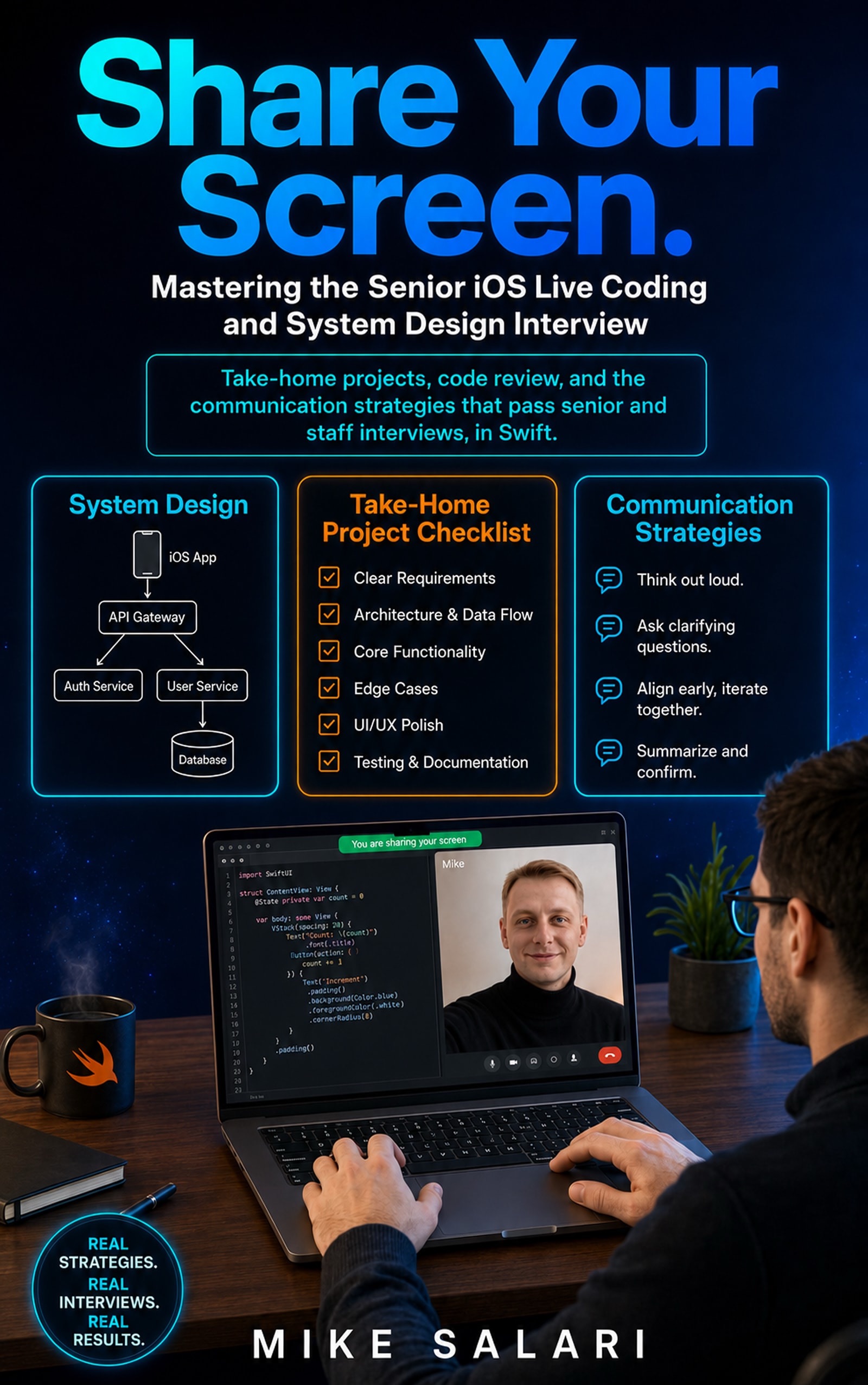 Share Your Screen, senior iOS live coding and system design interview book cover